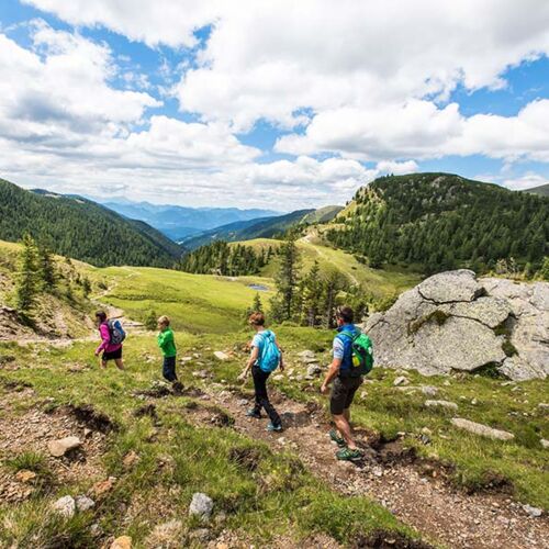 Una famiglia di quattro persone fa trekking sui monti Nockberge con il bel tempo