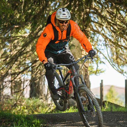 Nella bella stagione, una mountain bike percorre il Flow Country Trail nella foresta della Carinzia